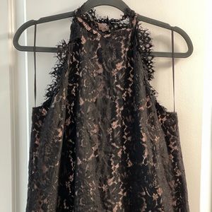 Olivia grey, lace knit, high neck, tank top.